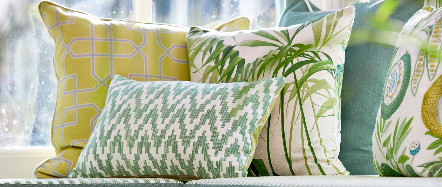 Sanderson Glasshouse 2019 005 Fenne Blue and Yellow  Fabric on Cushions